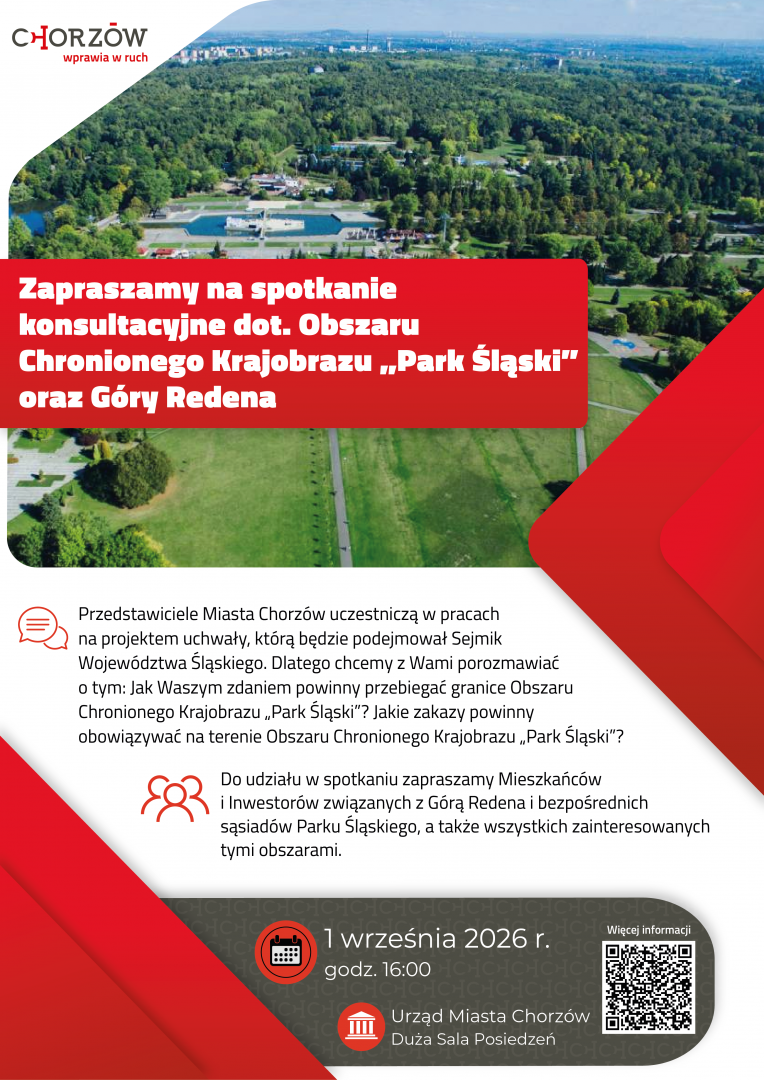 Plakat informacyjny dotyczący konsultacji społecznych w sprawie Obszaru Chronionego Krajobrazu Park Śląski