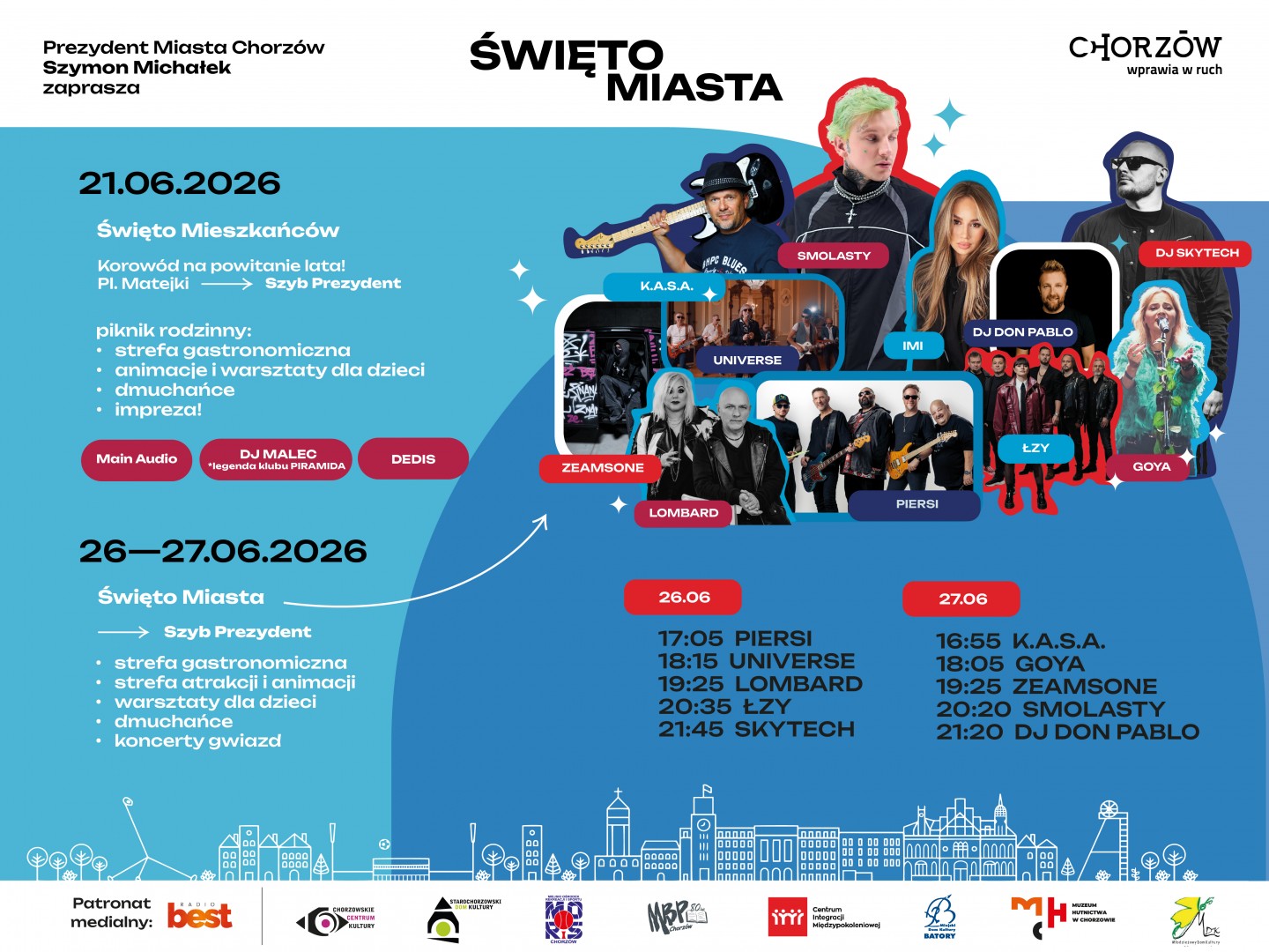Plakat Święta Miasta Chorzów 2026. Koncerty pod Szybem Prezydent: 26-27 czerwca zagrają Smolasty, Piersi i Universe.
