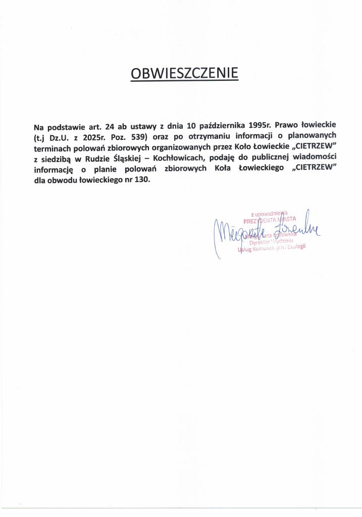 Skan obwieszczenia Koła Łowieckiego VIETRZEW – strona 1. Pełny tekst dostępny w pliku PDF.